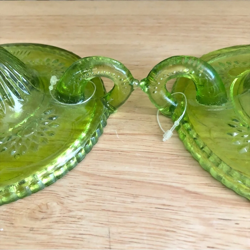 Pier 1 Imports Green Pressed Glass Chambersticks Taper Candlestick Holders Set 2